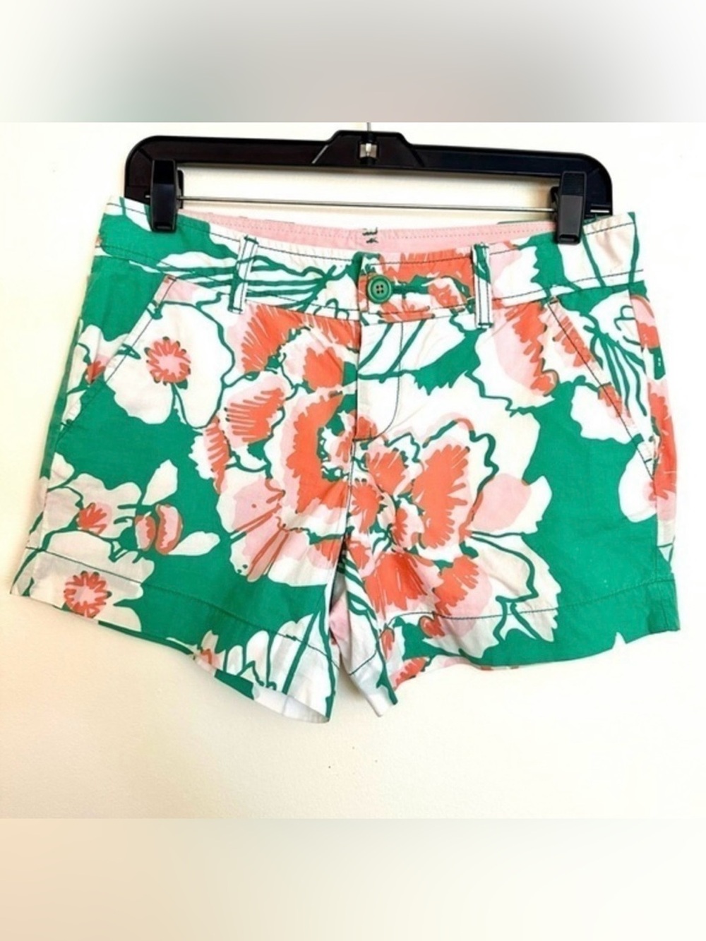 Lilly Pulitzer Preppy Floral Shorts Green Pink Orange Pockets Size 2